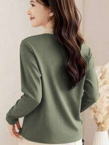 2025 新款秋季女式 Polo 领长袖 T 恤，时尚外套套头衫 - 軍綠色 - 查看 5