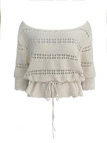 Women's Casual Elegant Versatile Streetwear Commute Vacation Picnic V-Neck Short Sleeve Hollow Drawstring Bow Tie Waist Cropped Sweater In Beige - Beige - View 7