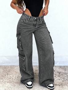 Plus Size Women's Y2K Streetwear Multi-Pocket Straight Leg Cargo Jeans Casual Spring - Light Grey - View 3