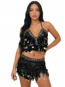Belly Dance Costume Set Halter Neck Sequin Tassel Bra & Hip Scarf Performance Outfit - Multicolor - View 18