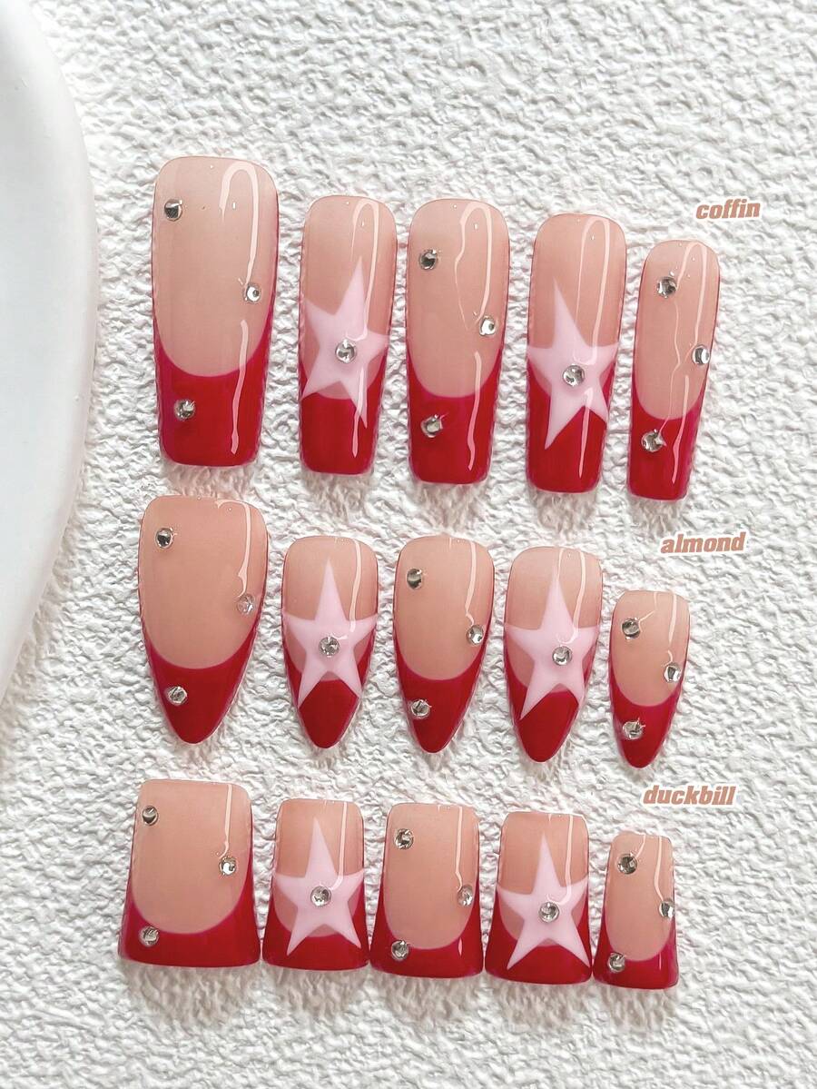10pcs Set Acrylic Nail Art Kit, Includes Asymmetrical Pink Pentagram Nail Decals, Silver Rhinestones, Red Nail Polish, Burgundy Ombre Style, Ideal Gift For Women And Girls Nails Handmade Press On Nails - Nhiều màu - Xem 1
