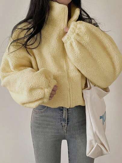 Women Elegant Spring Zip Up Lamb Wool Short Jackets Coats Fashion Spring Summer New Solid Chic Teddy Jacket Yellow Going Out Tops Couple Coat Casual Gym Sports Wear Loose Fit Long Sleeved Spring Break Outfits Female Street Outerwear Vacation Party Clothes