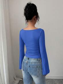 Women's Spring Fall Long Sleeve Shirts Crop Going Out Tops Casual Boat Neck Bell Sleeve Ribbed Ruched Y2K Clothes - Blue - View 2