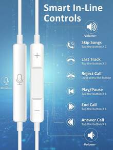 FCV 1副USB-C接口耳机，内置线控，有线耳机，低音增强，Type-C接口，120mm线长，兼容 17/16/15、安卓手机和笔记本电脑，公对公连接器，支持音乐和通话控制 - 白色 - 查看 5