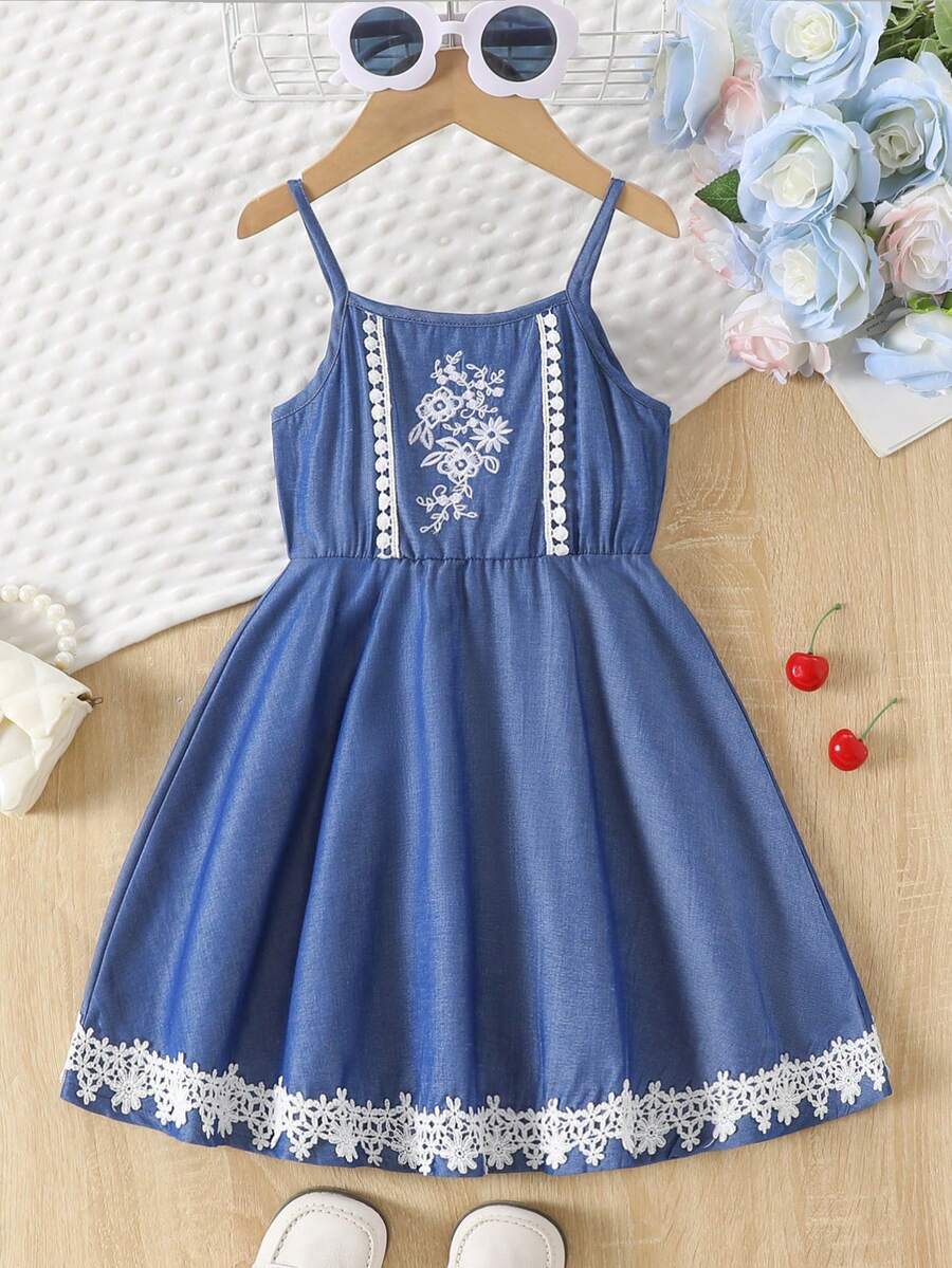 Girls Embroidered Blue Sleeveless Knee-Length Casual Dress, Summer - Blue - View 1