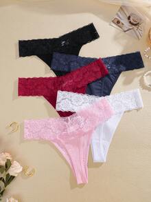 6pcs/Set Women's Lace Patchwork Low Waist High Cut Thin Sexy Thong Panties - Multicolor - View 5