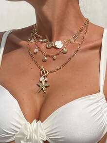 3pcs/Set Geometric Chain, Faux Pearl, Starfish, Scallop Tassel Pendant Necklace, Elegant Luxury, Suitable For Wedding, Party, Beach, Casual, Street Style, Women & Couples, Holiday, Birthday Gift - Necklace - View 8