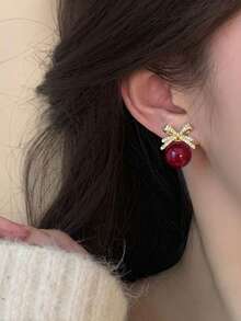 1对时尚复古奢华小众水钻蝴蝶结仿珍珠耳钉，适合少女、情人节、日常佩戴、节日佩戴 - 蝴蝶結珍珠 - 查看 2