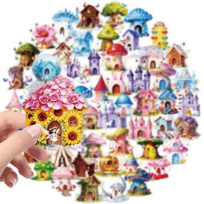 56pcs Fantasy Forest Fairy Tale Mushroom House Castle Stickers, Suitable For Stationery, Water Bottles, Phones, Laptops, Luggage, Fridges, Skateboards, Guitars And Other DIY Decorations
