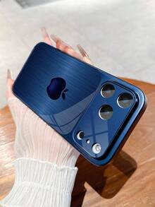 1pc New Minimalist High-End Deep Blue Gradient Wood Grain & Round Grid Apple Pattern Luxury Large Window Tempered Glass With Lens Protection Phone Case Compatible With IPhone 17/17Pro/17ProMax/17Air/16/16Pro/16ProMax/16Plus/15/15Plus/15Pro/15ProMax/14/14Plus/14Pro/14ProMax/13/13Pro/13ProMax/12/12Pro/12ProMax/11/11ProMax, Matte Anti-Fall, Full Coverage Metal Paint Premium Protection Cover - Multicolor - View 7