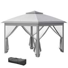 Outsunny 3.3 m Gazebo Pieghevole con Zanzariera e Doppio Tettuccio, Altezza regolabile e Borsa da Trasporto, Beige - Grigio - Visualizzare 3