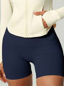 UONNOU 1pc Women's Casual Sports Shaping Shorts, Peach Butt Lifting Cinched Waist High Elastic Seamless Yoga Shorts, Spring/Summer Style - Navy Blue - View 6