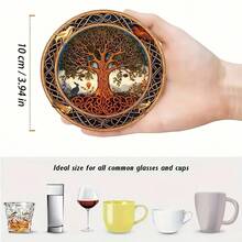8pcs Life Tree Pattern Wooden Coasters, 10cm Size, Heat Resistant, Colorful Design, Suitable For Beverages, Tea, Coffee, Home & Restaurant Decor, Ideal Gift, Hand Wash - Multicolor - View 5
