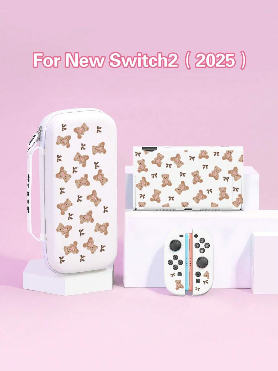 1个可爱泰迪熊造型保护套/保护壳，兼容Switch 2 (2025)、Switch NS、Switch OLED、Switch Lite，适用于Switch 2/Switch配件，全套包含收纳袋，白色/粉色，Switch玩家的最佳礼物 - 彩色 - 查看 1