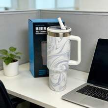 Large 1200ml Capacity, Ideal For Those Who Drink A Lot Of Water. Stainless Steel Material, Keeps The Temperature For Longer. With Straw And Lid, Practical For Drinking Without Spilling. Side Handle, Easy To Carry. Gradient Design In Pastel Colors, Modern And Stylish. Perfect For Work, Gym, Travel And Car. - 白色 - 查看 4