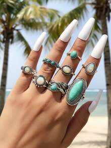 imoli 8 piezas Anillo con diseño de turquesa - Plateado - Ver 2