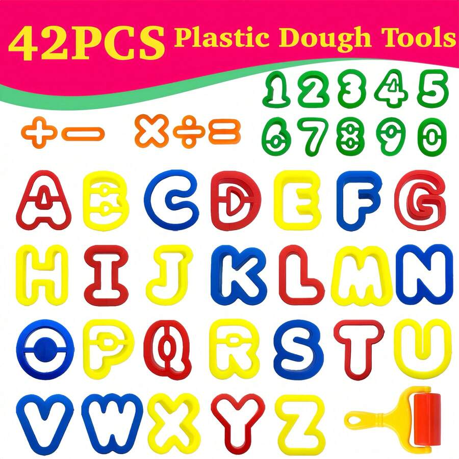 42pcs Learning Clay Tool, Play Dough Roller And ABC Capital Letter Mold & 0-9 Digital Mold, Assorted Colors, Educational Tools For Early Learning, Creative Handmade Craft Tools, Local Warehouse