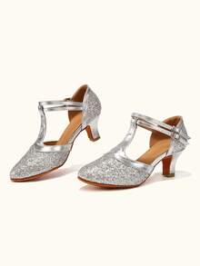 Latin Dance Shoes Sequined Closed-Toe Dance Shoes Ballroom Salsa Dance Hall Practice Performance Dance Shoes Party High Heels Dance Shoes - Silver - View 7