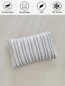 1/2 件装极简条纹印花涤纶枕套，带绒球流苏，柔软透气，现代沙发抱枕套，不含枕芯 - 灰色 - 查看 2