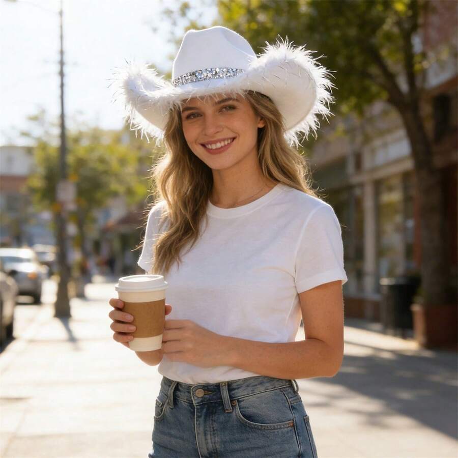 Western Style Cowgirl Cap Stylish Feather Tassel Brim Decorated Wide Brimmed Hat For Men Women Cosplay Party - trắng - Xem 1