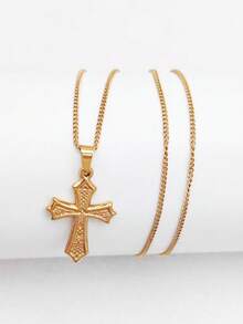 1件法式时尚18K镀金不锈钢浮雕十字架吊坠项链，奢华简约设计，百搭节日首饰 - 金黃色 - 查看 6