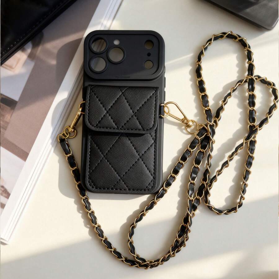 Argyle Pattern 1pc Fashion Long Chain Shoulder Card Holder + Minimalist Black Eye Shockproof Protective TPU Phone Case, Compatible With IPhone17/17pro/17Air/17promax/OPPO/Vivo/Redmi/ Series - Black - View 1