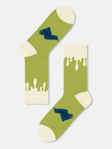 1 Pair Men's Colorblock Cream Graffiti Letter Personalized Artistic Design Combed Crew Socks, Suitable For Travel, Home, Office, Holiday Gifts - Multicolor - View 9