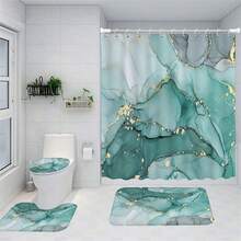 1/4 Piezas Juego de baño con patrón de mármol azul y verde, Cortina de ducha impermeable con 12 ganchos, Alfombra en forma de U, Tapa de inodoro, Alfombra en forma de L, Accesorios de baño, Decoración de baño con estilo - Multicolor - Ver 3