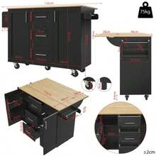 Kitchen Island, Removable Partitions, Removable Casters (Can Be Used As Kitchen Furniture), Serving Cart With Worktop, Sideboard, Wood-Finish Serving Cart, Side Towel Rack On Casters, Black