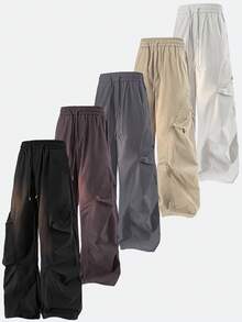 Men's Black Oversized Baggy Wide Leg Cargo Parachute Pants Drawstring Elastic Waist With Pockets Loose Fitting Retro Punk Casual Streetwear Lightweight Comfortable Versatile Unisex Casual Pant For Everyday Wear Going Out Workout Classic American Outfit - màu đen - Xem 1