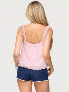 Womens Chiffon Ruffle Cami Top With Lace Trim And Bow To Sculpt A Flattering Flowy Silhouette Ideal For Summer Beach Vacations Parties Casual Dates And  Y2K Aesthetic Fashion Streetwear Outfits - 粉色 - 查看 4