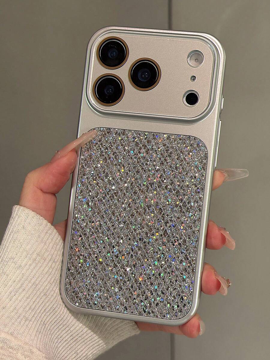 Sequins,Diamond Luxury Glitter Sequins All-Inclusive Lens Mobile Phone Case Compatible With IPhone 17ProMax 17Pro 17 16 15 14 Pro Max 13 Shockproof Back Cover - Silver - View 1