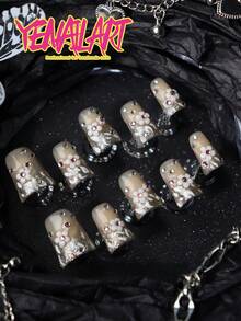 10 Stücke Nagelkunst Kunstnägel, französischer Stiletto, nude natürlich, goldener Glitzer, Leopardenmuster, 3D Blumen Dekor, Strass Dekor, europäische volle Entenmaulform, geeignet für Frauen & Mädchen Alltag und Party, inklusive 1 Flasche Kleber und 1 Nagelfeile Nagelbedarf - Gold - Übersicht 5