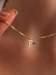 18K Gold Plated Stainless Steel Personalized Initial Necklace With Birthstone, Comes With Box Chain, Elegant Letter Birthstone Necklace, Birthstone Jewelry, Initial Necklace Gift For Her, Birthday Gift For Her, Valentine's Day Gift - Gold - View 6