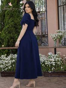 Long Striped Dress With Puff Sleeves And Modern Bow. Perfect For Parties, Modest Christian Fashion, New Year's Eve, Christmas, New Year's Celebrations. - 藏蓝色 - 查看 3