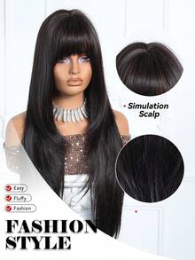 28 Inch Black Heat Resistant Synthetic Machine Wefted Bangs Wig, Elegant Style, Natural Fluffy And Soft Heat Resistant Synthetic Full Machine Wefted Wig, Suitable For Daily Wear, Music Festivals, Parties, Cosplay, Also A Great Gift For Friends - 黑色 - 查看 2
