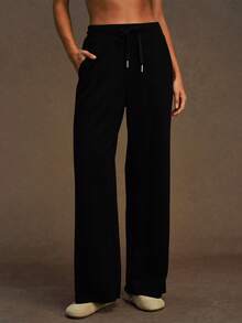 VVX 女士阔腿瑜伽裤，抽绳设计，带口袋，高腰直筒运动裤，舒适休闲健身运动裤，适合健身房日常穿着，四季皆宜。 - 黑色 - 查看 1