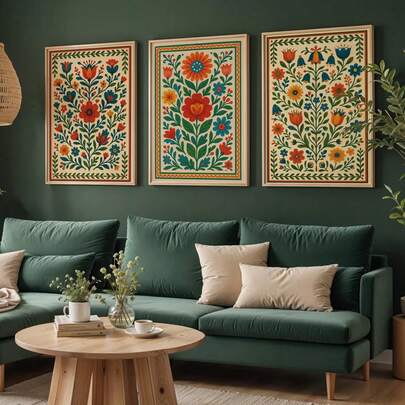 Scandinavian Floral Wall Art Set Of 3, Nordic Folk Art Flower Posters, Colorful Botanical Retro Prints, Minimal Folk Decor, Vibrant Floral Wall Art, Boho Decor, Home Decor Living Room, Wall Decor, No Frame