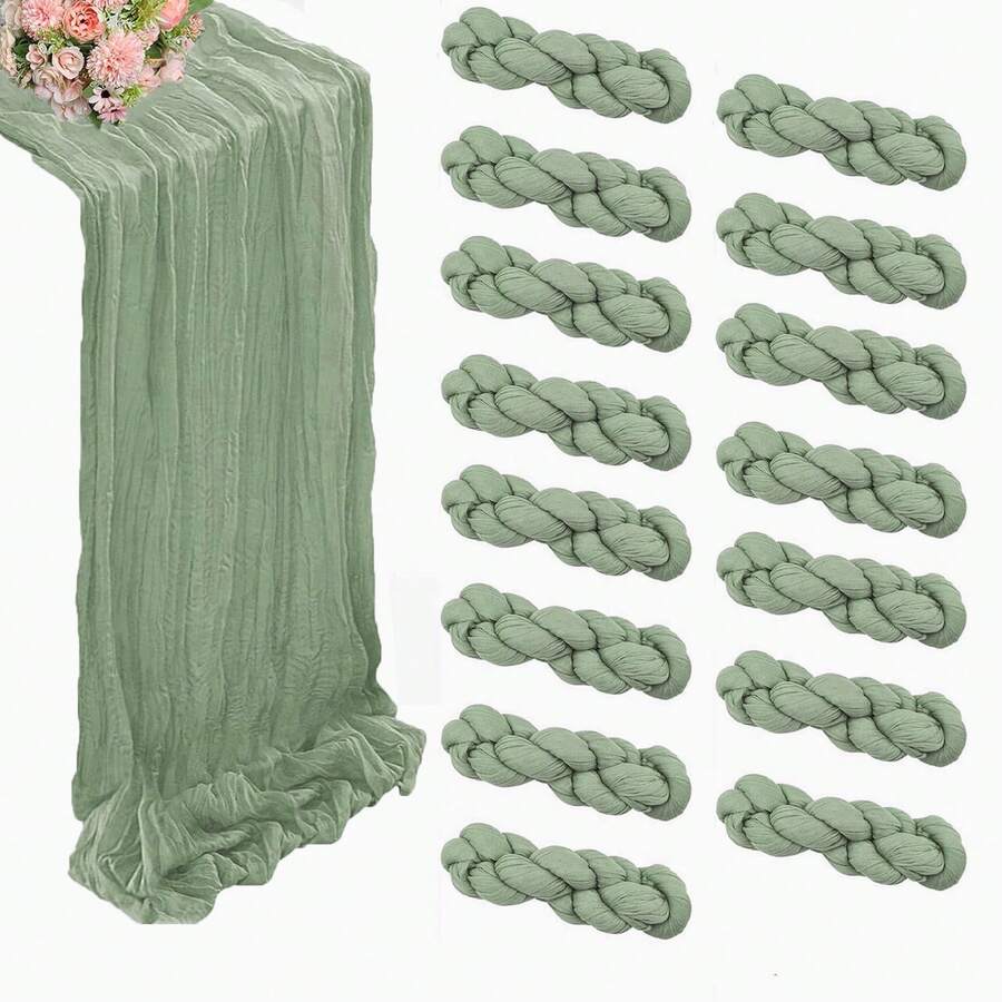 15pcs Sage Green Cheesecloth Table Runner 15 Pack 35" X 120" Boho Gauze Pleated Solid Color Semi-Sheer Lightweight Washable | Christmas Thanksgiving New Year Rustic Wedding Arch Bridal Baby Shower Banquets Reception Center Farmhouse Birthday Anniversary Party Dining Room Dresser Table Centerpiece Home Decor Supplies Sage Green Cheesecloth Table Runner - Green - View 1