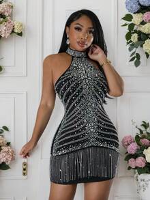 Vestido de cóctel de punto con tirantes finos y espalda descubierta con flecos para mujer, primavera/verano, decorado con gemas brillantes, falda lápiz de alta elasticidad, adecuado para fiestas en discotecas, carnavales, San Valentín y otras ocasiones, también se puede usar como un elegante vestido de fiesta. Estilo elegante, de moda, formal y lujoso. - Negro - Ver 2