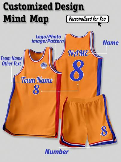 2pcs/Set Personalized Basketball Jersey - Customized Name, Number And Team Logo Print Tank Top + Shorts Sports Set, Fashionable, Casual, Personalized, Unique Gift, Suitable For Men, Boyfriend, Family, Friends, Birthday, Holiday, School Match, Sports Climbing