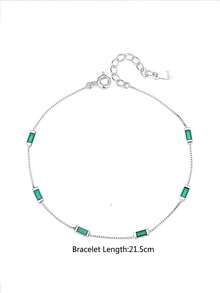 1pc S925 Sterling Silver Green Square Diamond Bracelet, Minimalist Ins-Style Green Diamond Box Chain Bracelet, Fashionable Fresh Elegant Jewelry Gift For Women - Square - View 8