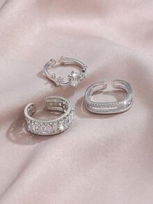 3pcs/Set Open Design Fashion Cubic Zirconia Butterfly, Heart & Line Pattern Ring Set, Geometric Rings Suitable For Women's Daily, Festival, Party Wear Or Gift - Silver - View 4