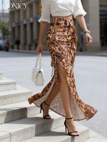 DONICY Women's Leopard Print Pleated Slit Maxi Dress, Fashion Versatile For Spring, Summer, Autumn, Suitable For Dates, Carnivals, Parties, Casual Outings - Coffee Brown - View 9