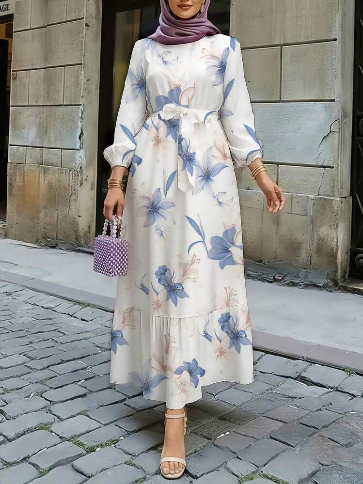 Robe style arabe à taille élastique, imprimé floral élégant, ourlet à volants. Convient pour les occasions décontracté, quotidiennes, voyages, vacances ou fêtes au printemps - Bleu azur - Voir 1