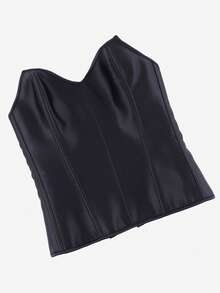 Overbust Corset Bustier, Casual Corset Top, Upright Posture, Slimming, Zipper Closure, Solid Color - Black - View 2