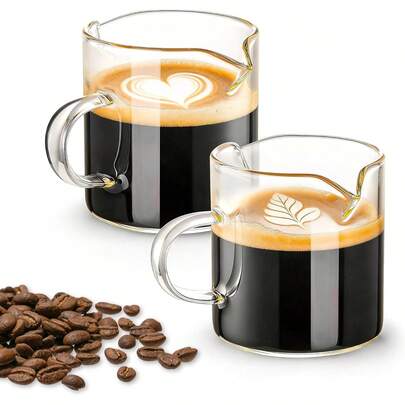 Espresso Cups Set Of 2, 4 OZ Double Spouts Cups Espresso Measuring With Handle Clear Glass Milk Coffee Accessories For Machine,Coffee Cup, Mug