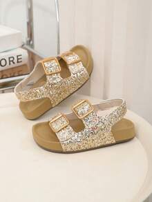 1 Pair Girls' New Fashion Gold Buckle, Glitter Princess Shoes, Suitable For Summer, Beach Sandals - Gold - View 2