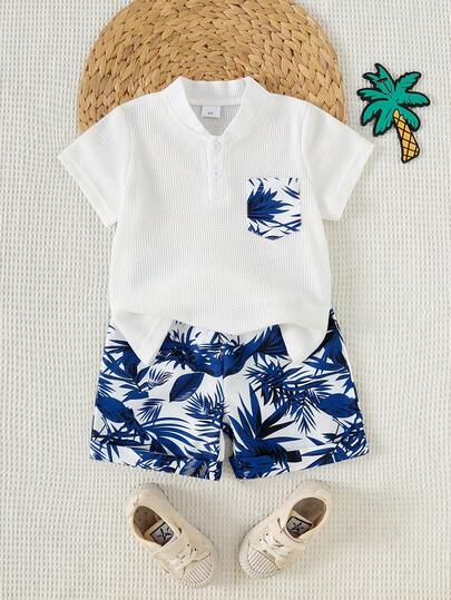 2pcs Young Boys Printed Pocket Casual Waffle Polo Shirt + Tropical Leaf Print Casual Vacation Shorts Set, Summer