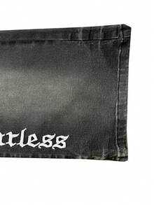 Jeans acampanados bordados, jeans de mezclilla para hombres con letras bordadas, jeans ajustados con pierna acampanada, jeans acampanados desgastados con parches, jeans apilados lavados de Y2K, jeans remendados con lavado en contraste, aptos para todas las estaciones - Negro - Ver 6
